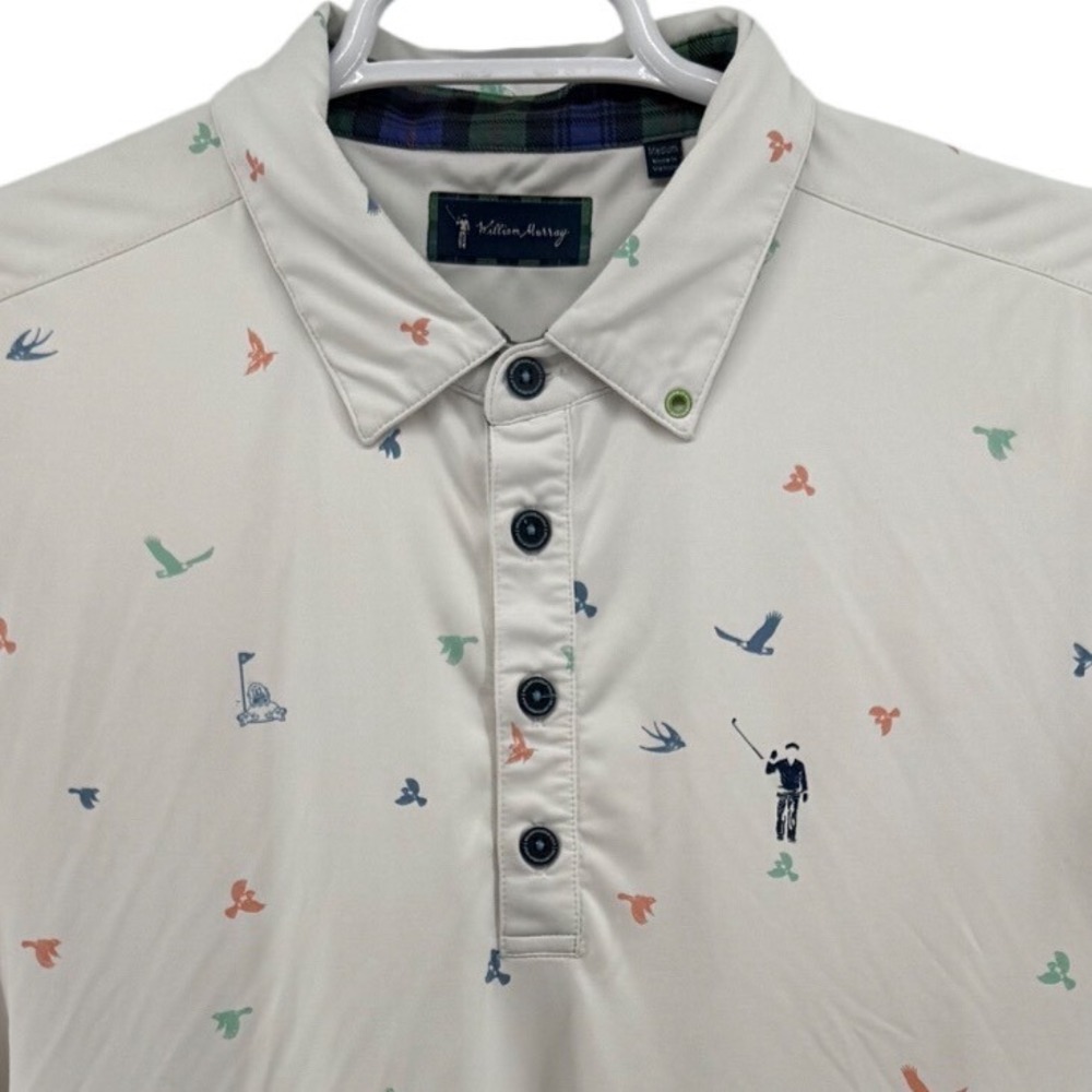 William Murray Mens Golf Polo Shirt Medium Cream Bird Golfer Print Short Sleeve
